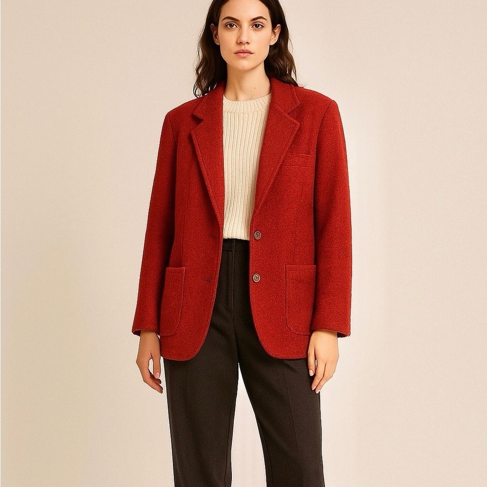 Red nubby wool blazer women’s 8 vintage, lined, long fit, 90’s academic, career
